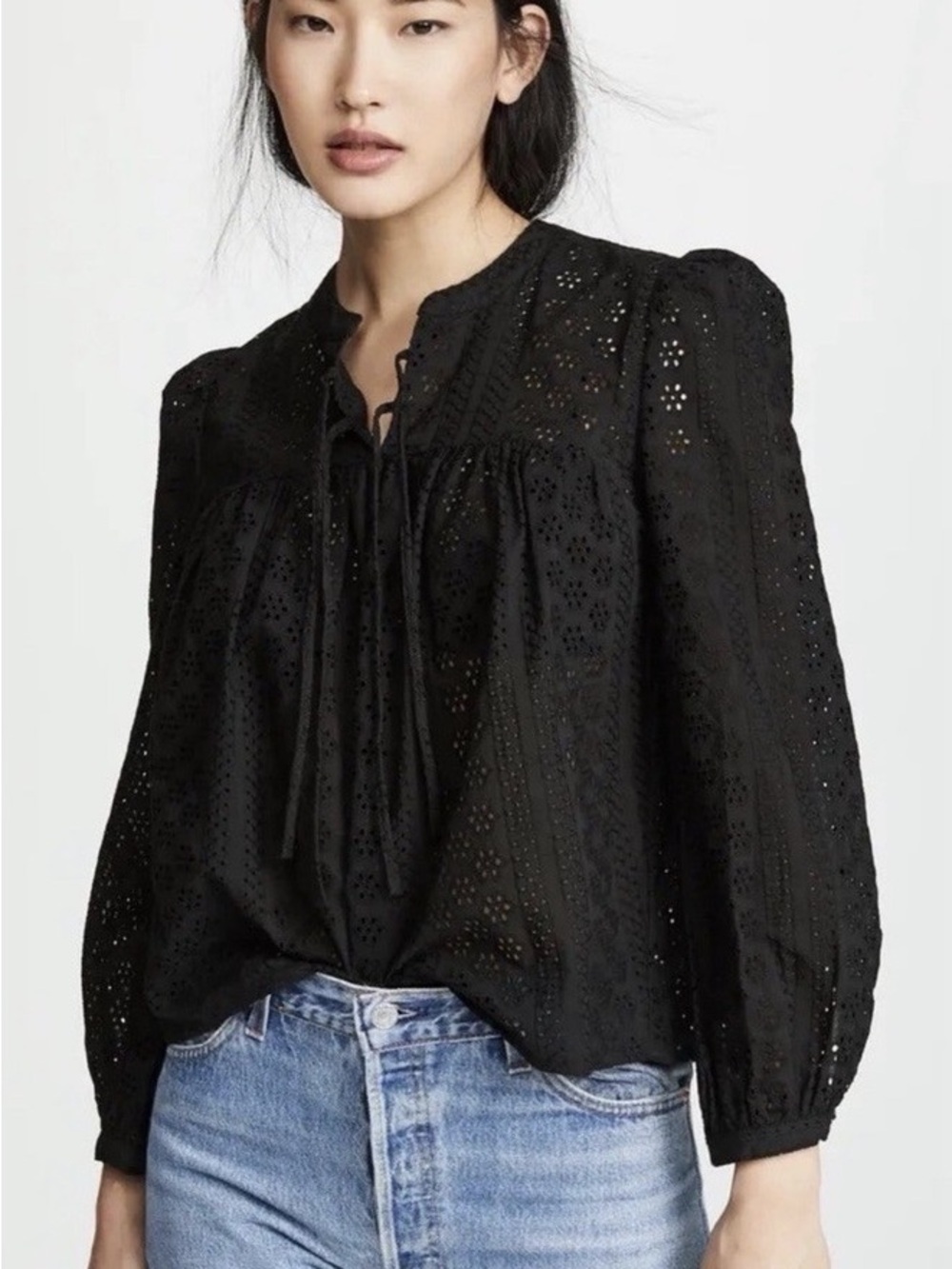 Madewell Eyelet Double-Tie Black Puff Sleeve Peasant Blouse